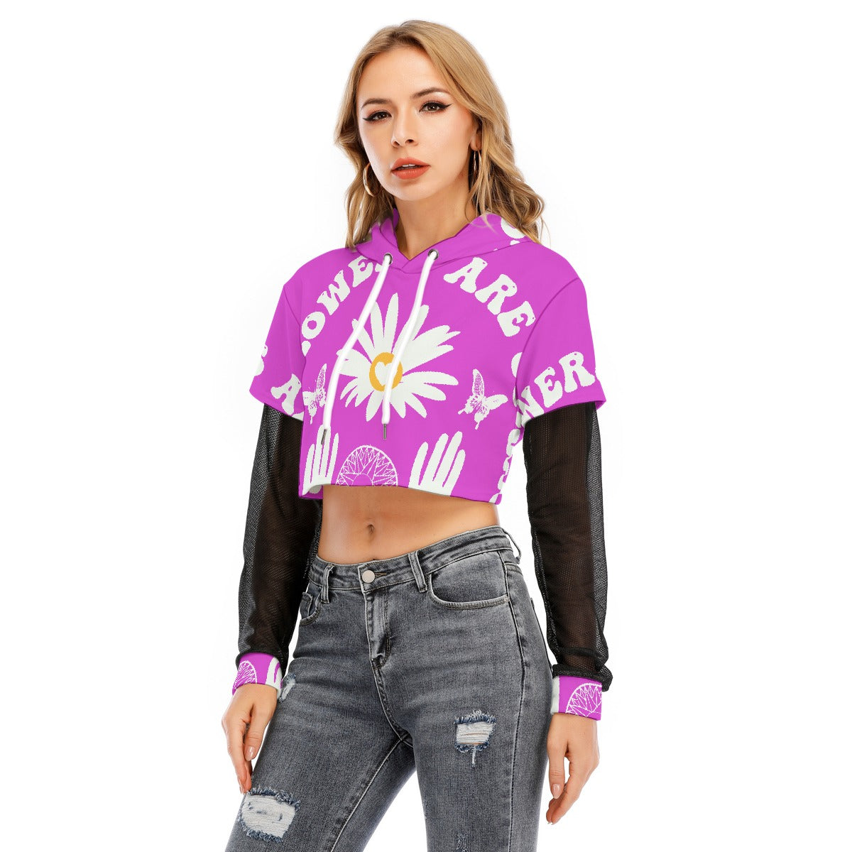 All-Over Print Women's Fake Two-piece Mesh Sleeve Cropped Hoodie