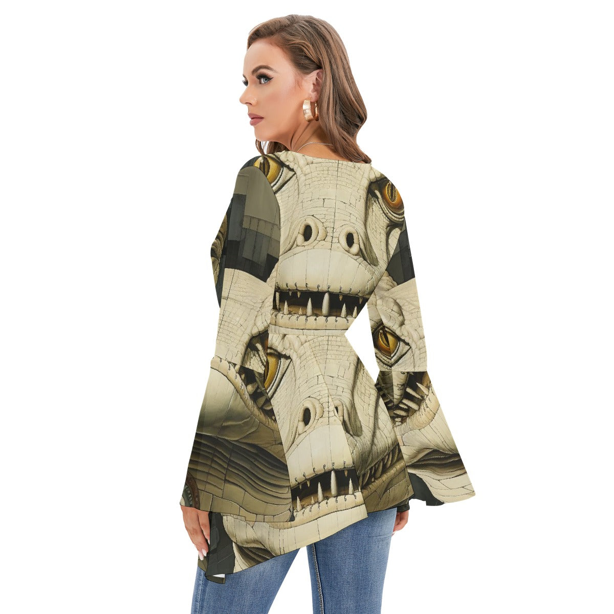 All-Over Print Women's V-neck Blouse With Flared Sleeves