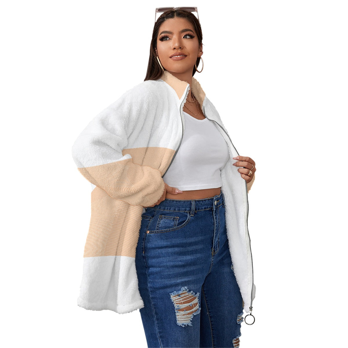 All-Over Print Unisex Borg Fleece Stand-up Collar Coat With Zipper Closure(Plus Size)