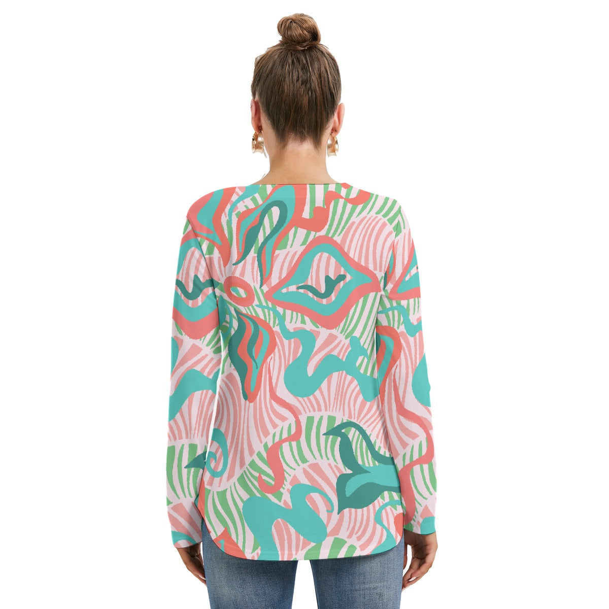 All-Over Print Women's Long Sleeve Neckline Tie Sweatshirt
