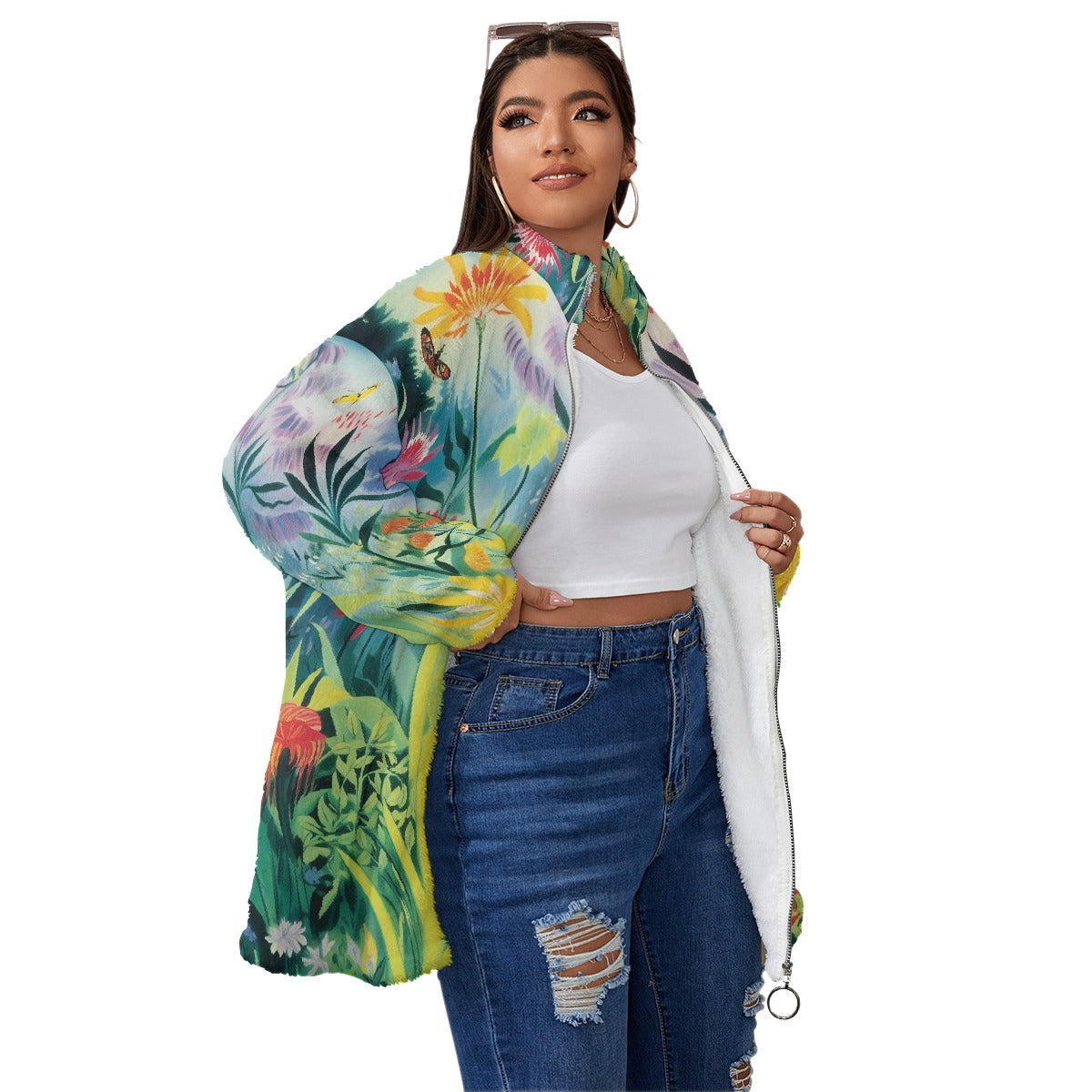 All-Over Print Unisex Borg Fleece Stand-up Collar Coat With Zipper Closure(Plus Size)