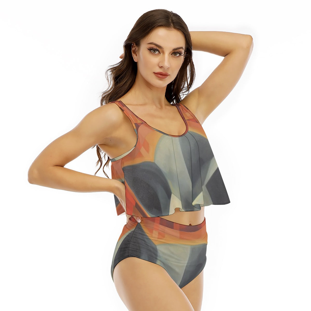 All-Over Print Women's Ruffled Vest Bikini Swimsuit