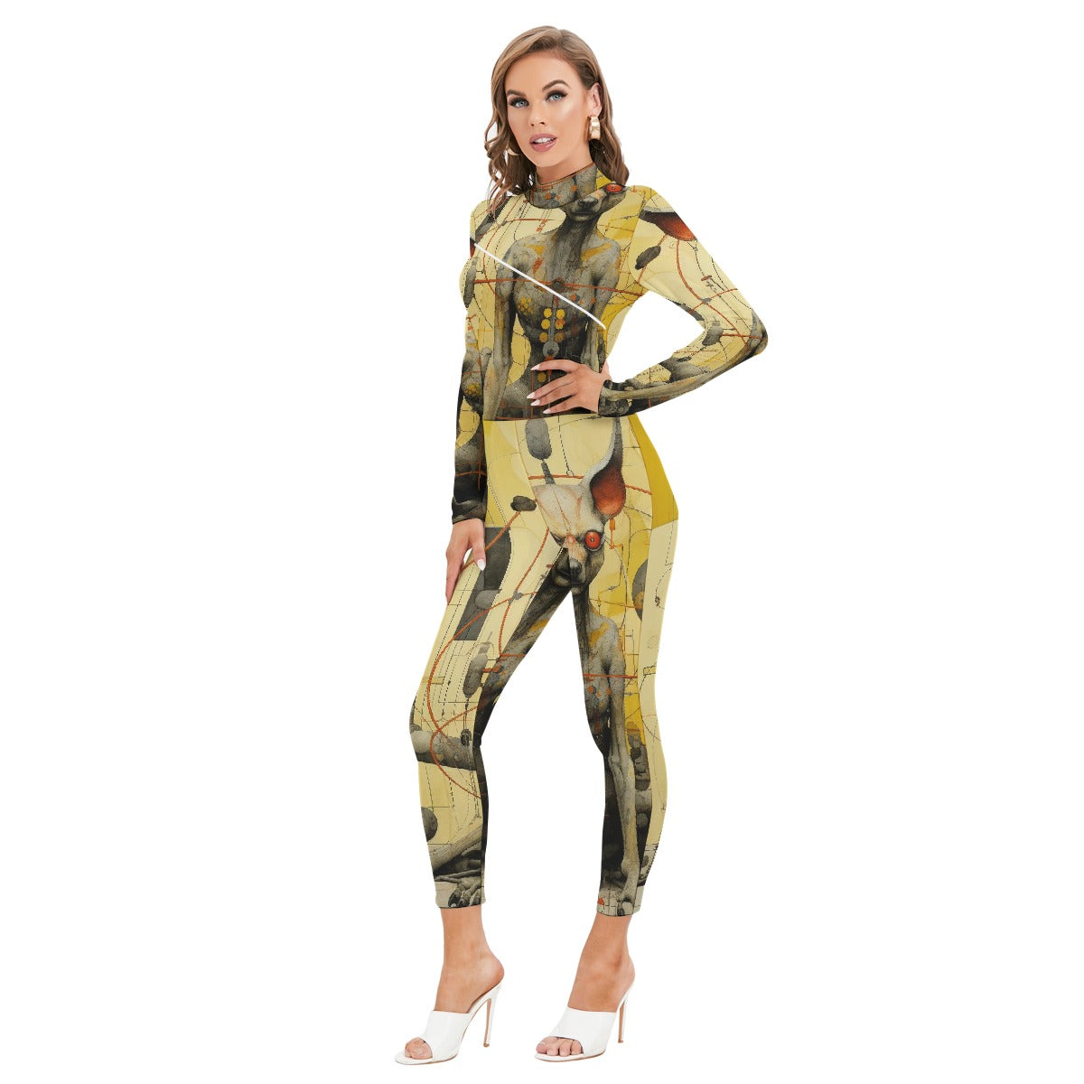 All-Over Print Women's Long-sleeved High-neck Jumpsuit With Zipper