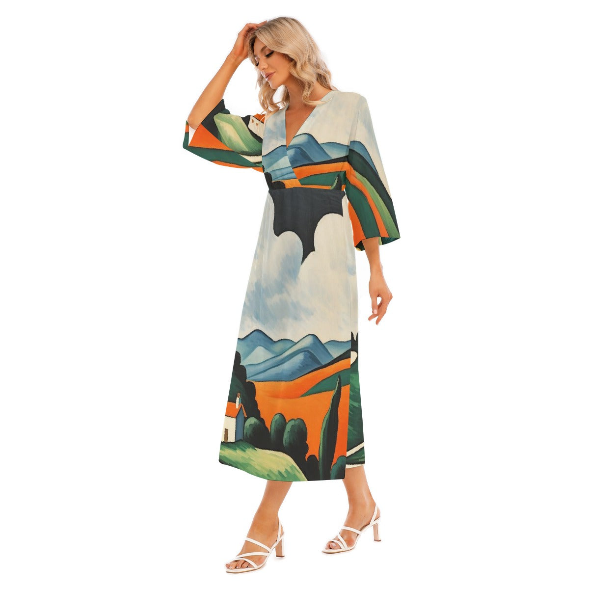 All-Over Print Women's Mid-Sleeve Long Dress