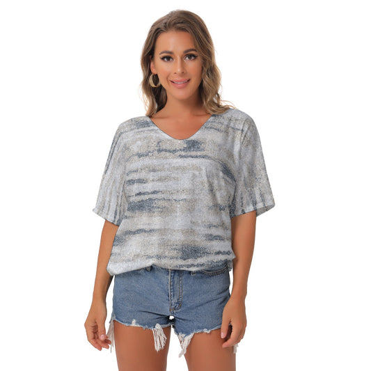 All-Over Print Women's Bat Sleeves V-Neck Blouse