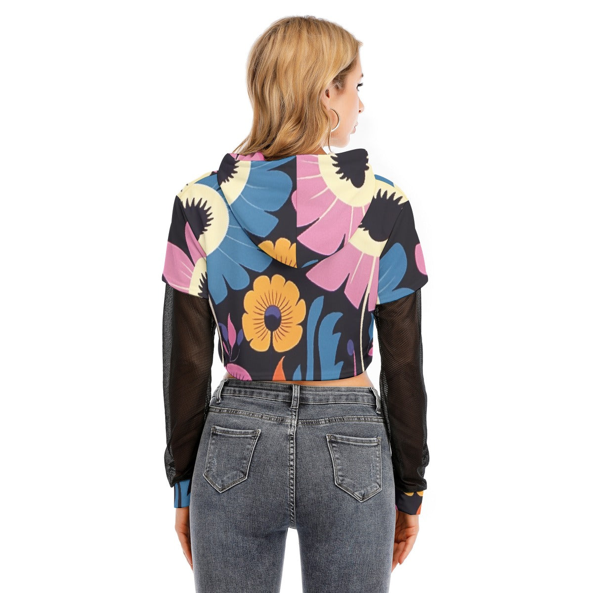 All-Over Print Women's Fake Two-piece Mesh Sleeve Cropped Hoodie