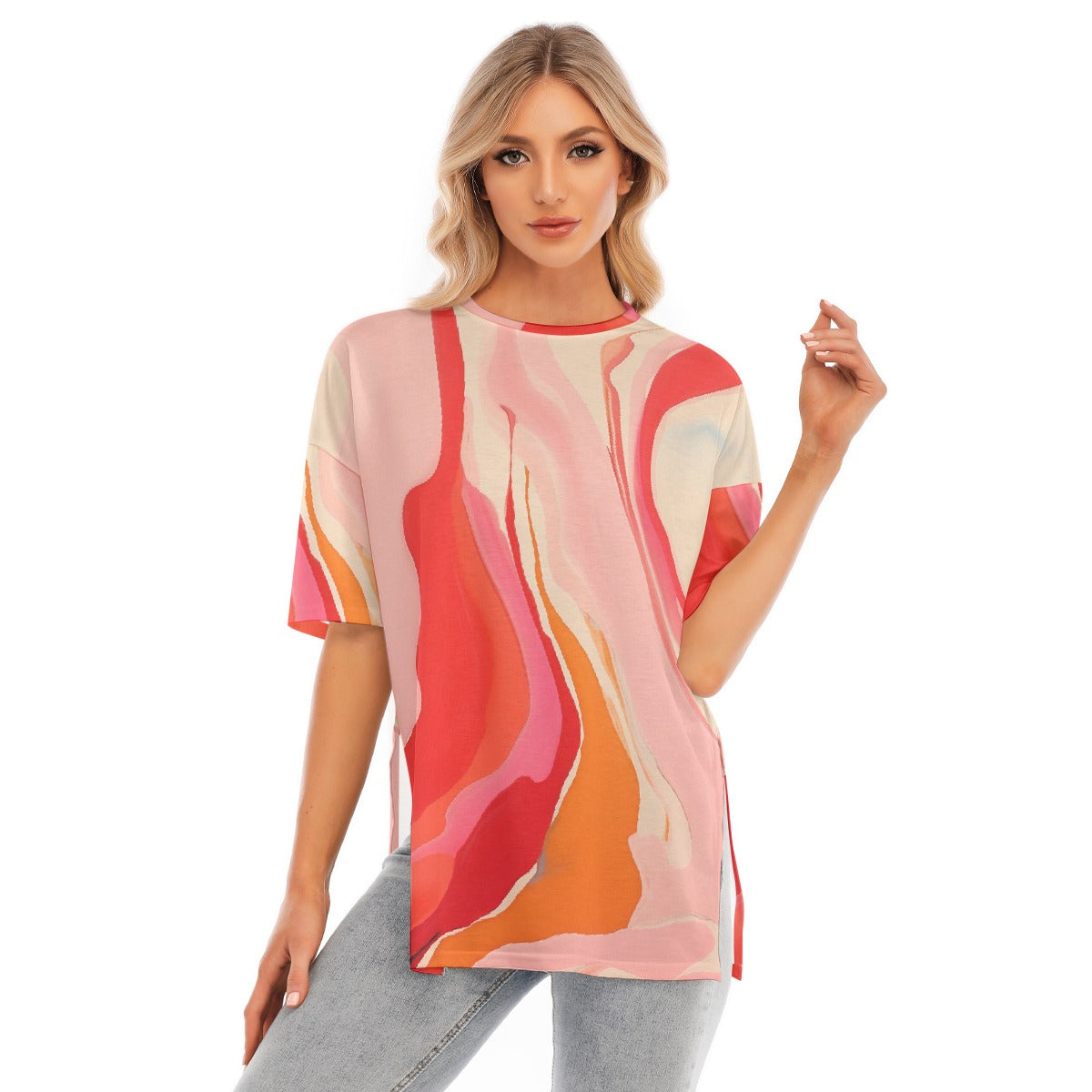 All-Over Print Women's Short Sleeves T-shirt With Hem Split
