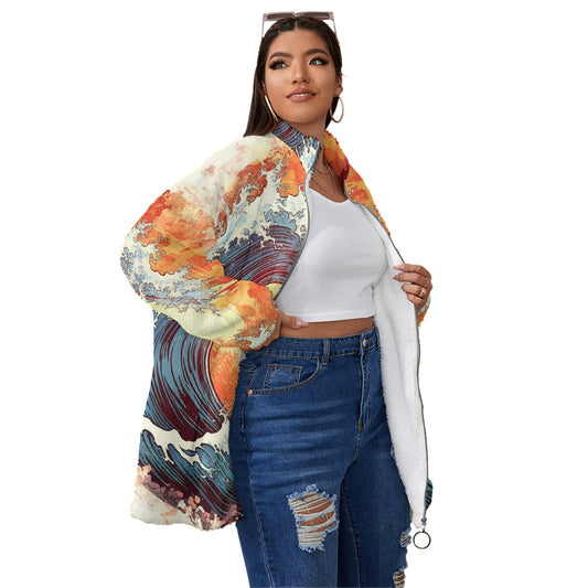 All-Over Print Unisex Borg Fleece Stand-up Collar Coat With Zipper Closure(Plus Size)