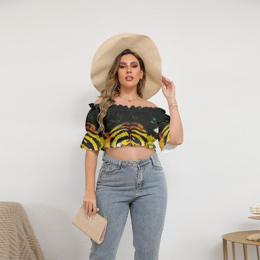 All-Over Print Women's Off-shoulder Cropped Top With Short Puff Sleeve