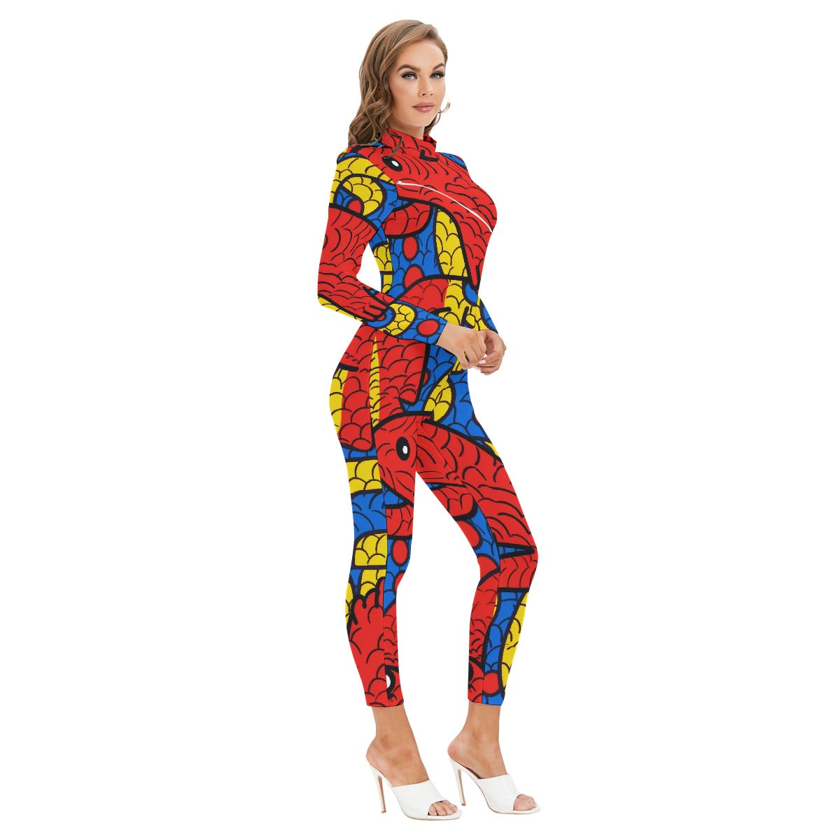 All-Over Print Women's Long-sleeved High-neck Jumpsuit With Zipper