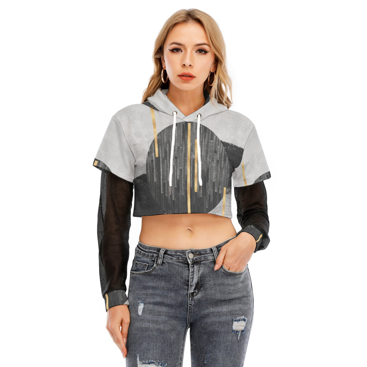 All-Over Print Women's Fake Two-piece Mesh Sleeve Cropped Hoodie