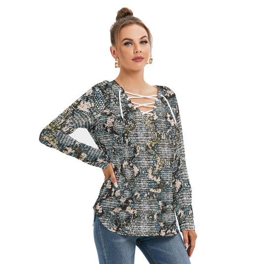 All-Over Print Women's Long Sleeve Neckline Tie Sweatshirt