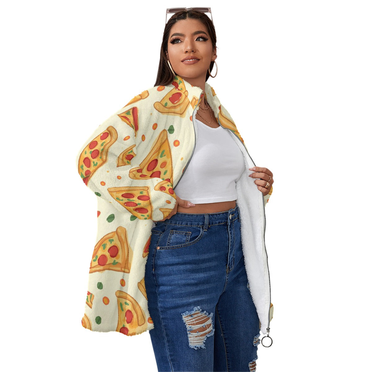 All-Over Print Unisex Borg Fleece Stand-up Collar Coat With Zipper Closure(Plus Size)