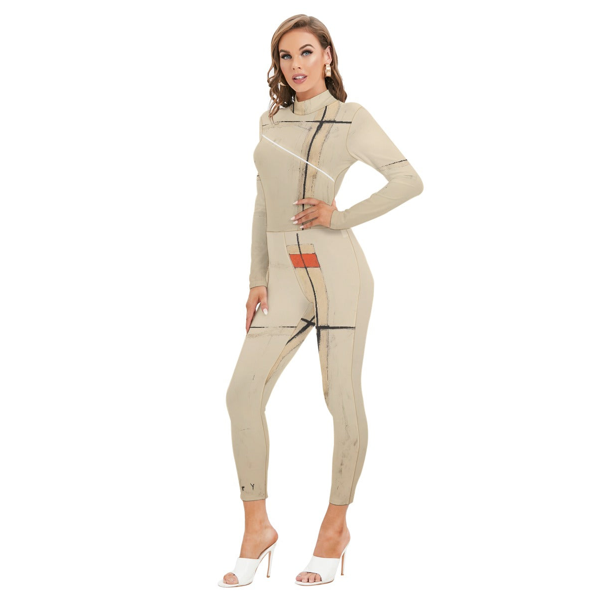 All-Over Print Women's Long-sleeved High-neck Jumpsuit With Zipper