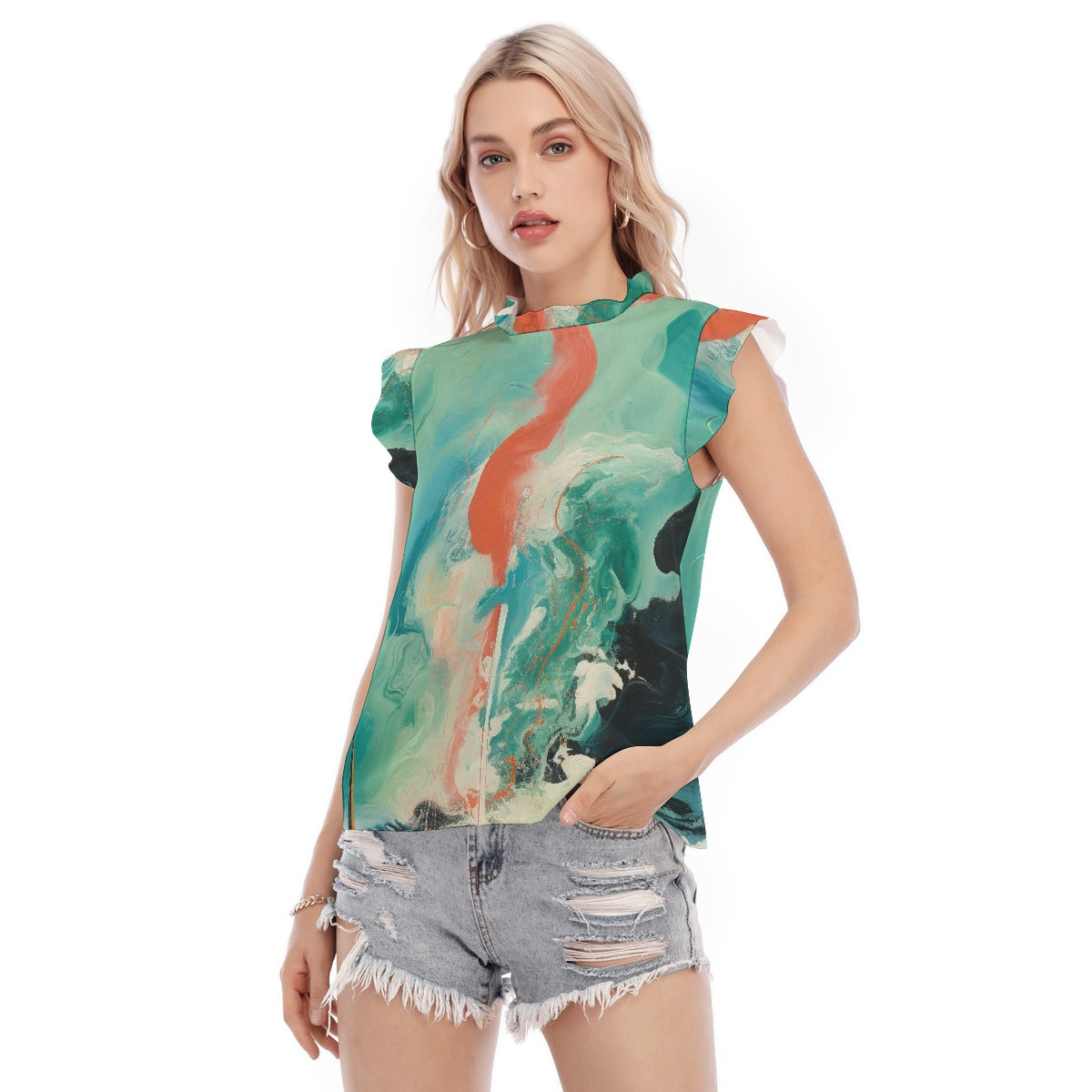 All-Over Print Women's Blouse With Ruffle Collar And Sleeve