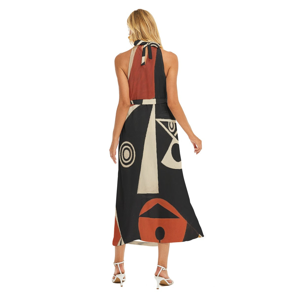 All-Over Print Women's Wrap Hem Belted Halter Dress