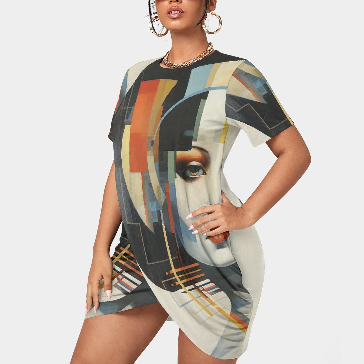 All-Over Print Women’s Stacked Hem Dress With Short Sleeve（Plus Size）