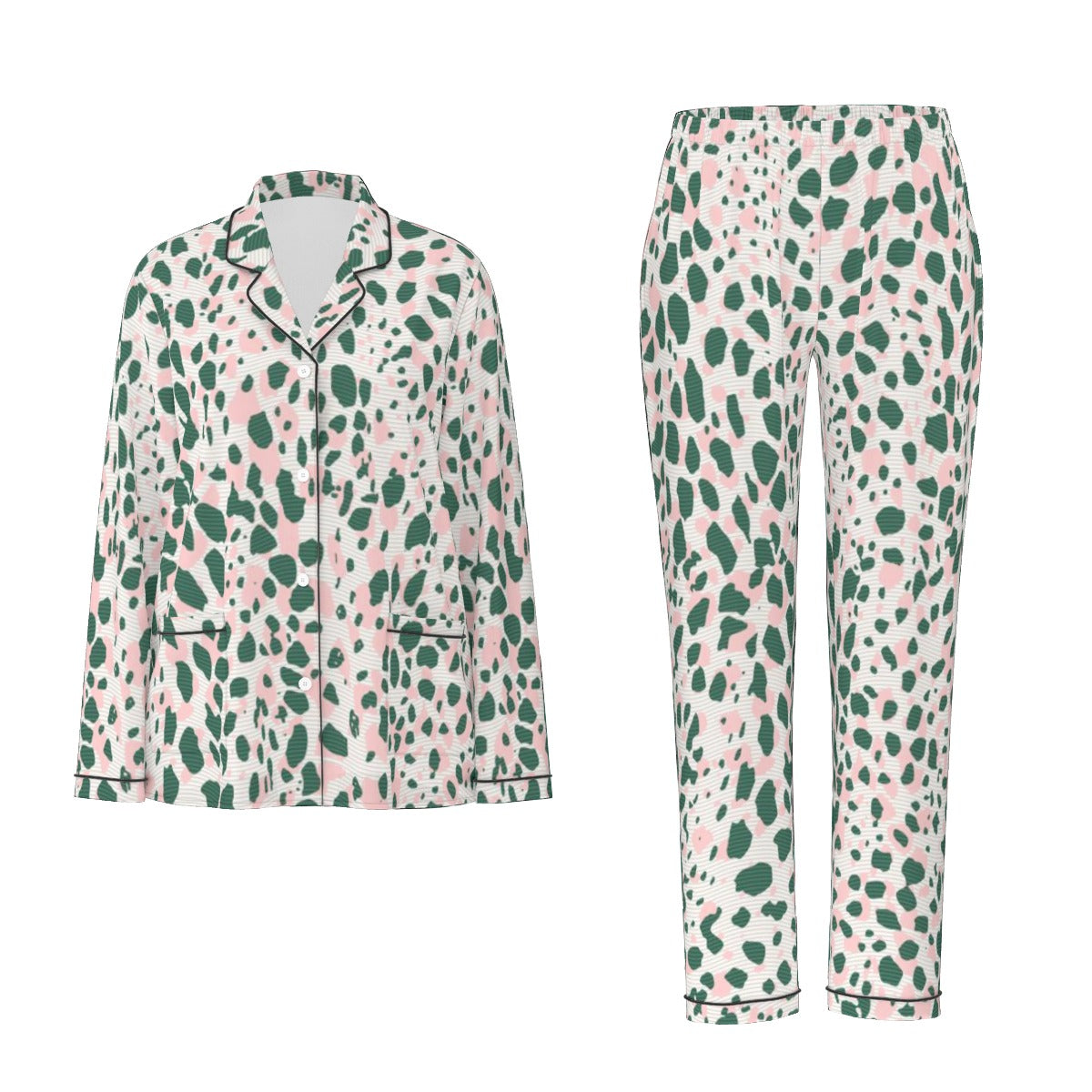 All-Over Print Women's Long Sleeve Pajama Set With Black Contrast Piping