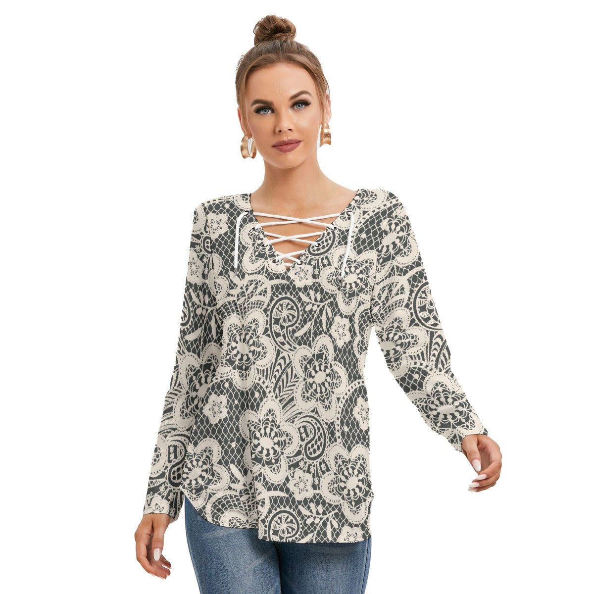 All-Over Print Women's Long Sleeve Neckline Tie Sweatshirt