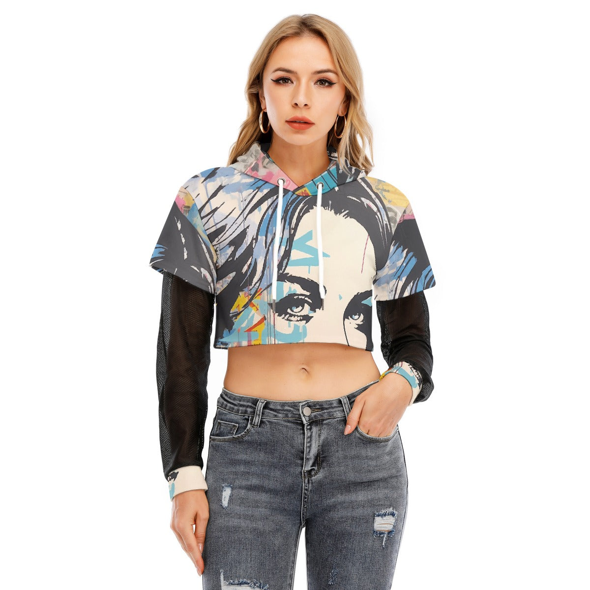 All-Over Print Women's Fake Two-piece Mesh Sleeve Cropped Hoodie