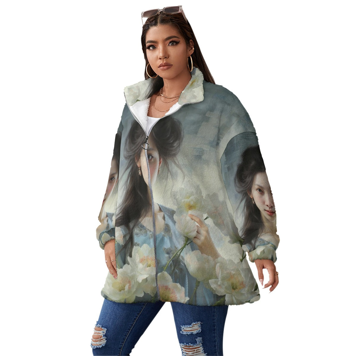 All-Over Print Unisex Borg Fleece Stand-up Collar Coat With Zipper Closure(Plus Size)