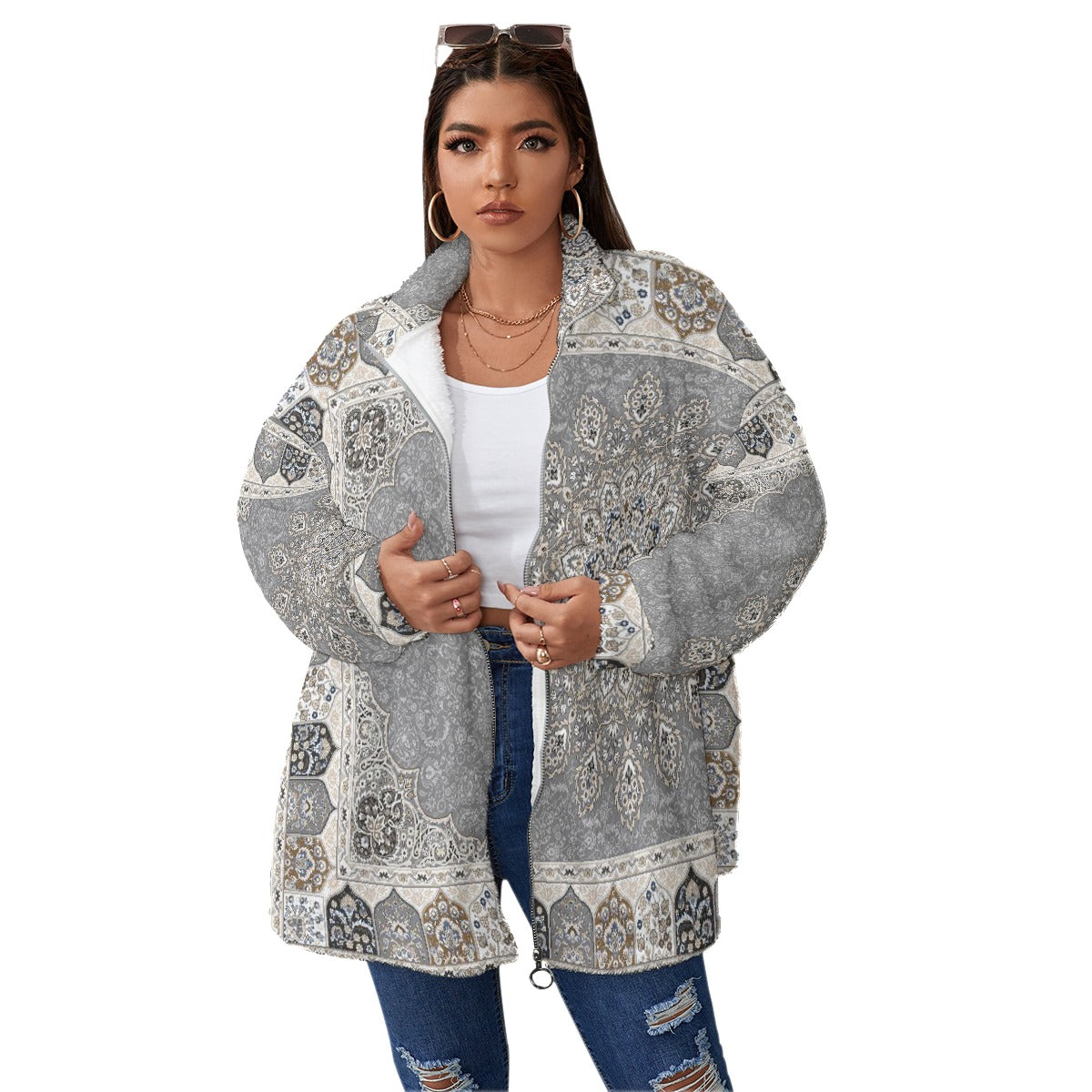 All-Over Print Unisex Borg Fleece Stand-up Collar Coat With Zipper Closure(Plus Size)