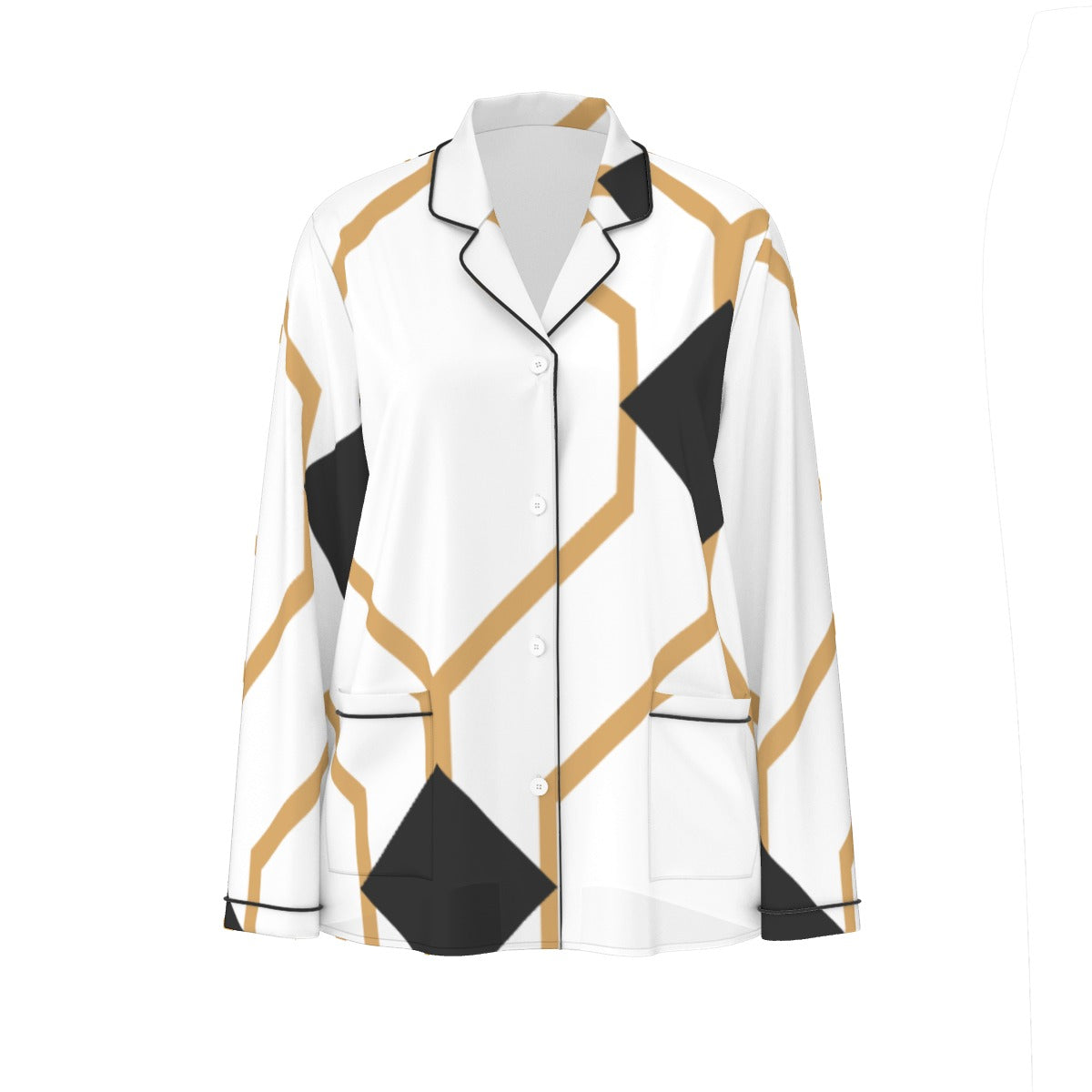 All-Over Print Women's Long Sleeve Pajama Set With Black Contrast Piping