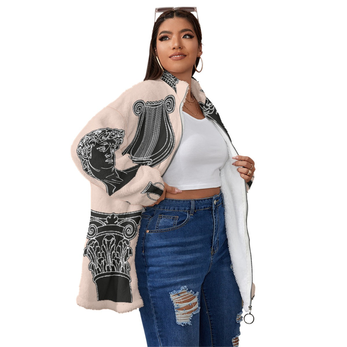 All-Over Print Unisex Borg Fleece Stand-up Collar Coat With Zipper Closure(Plus Size)