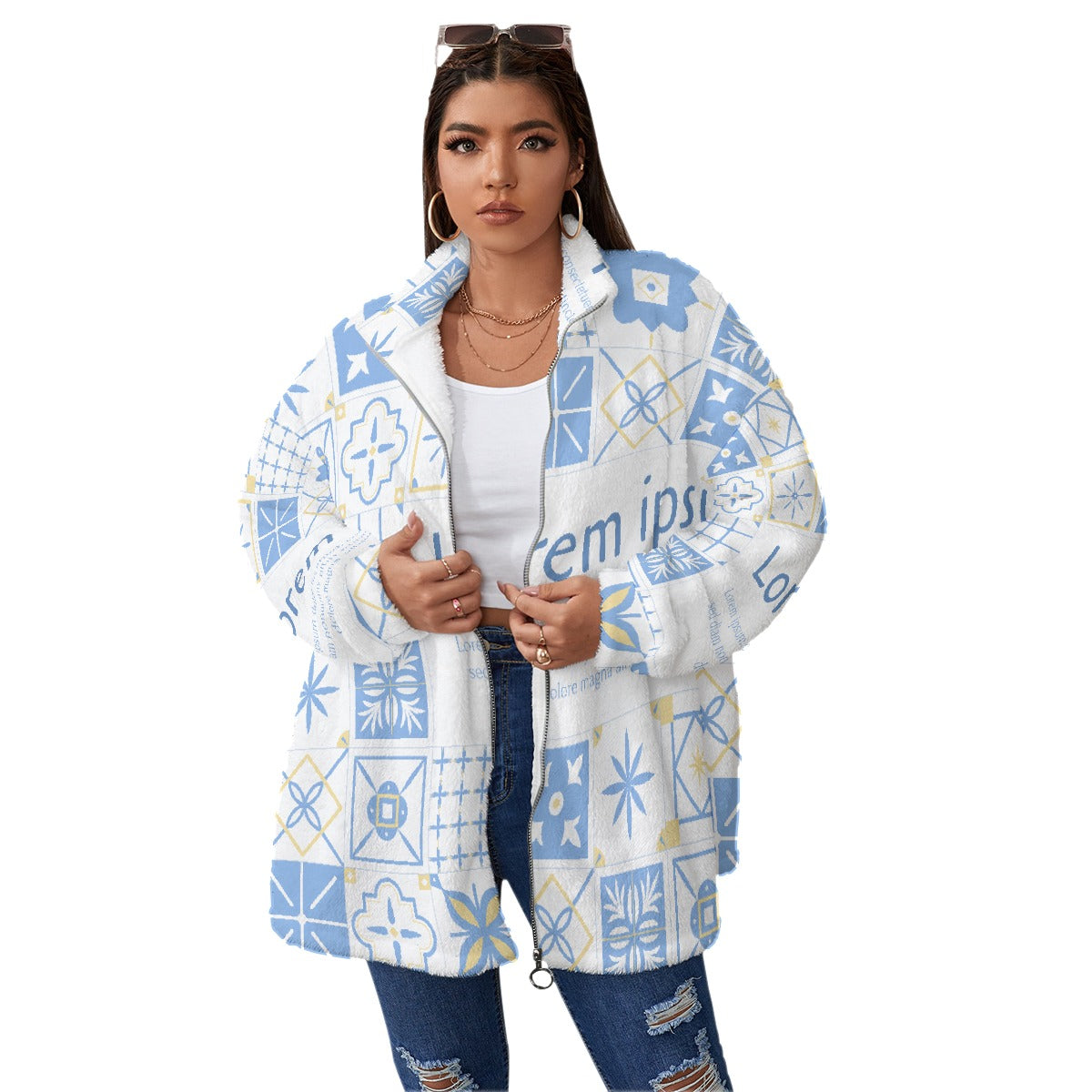 All-Over Print Unisex Borg Fleece Stand-up Collar Coat With Zipper Closure(Plus Size)