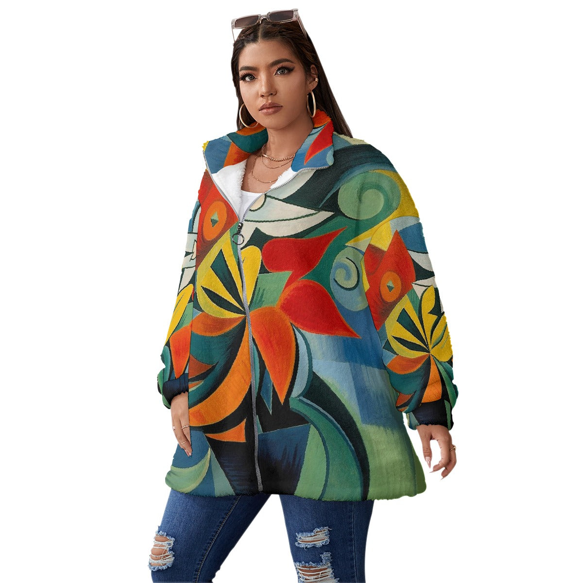 All-Over Print Unisex Borg Fleece Stand-up Collar Coat With Zipper Closure(Plus Size)