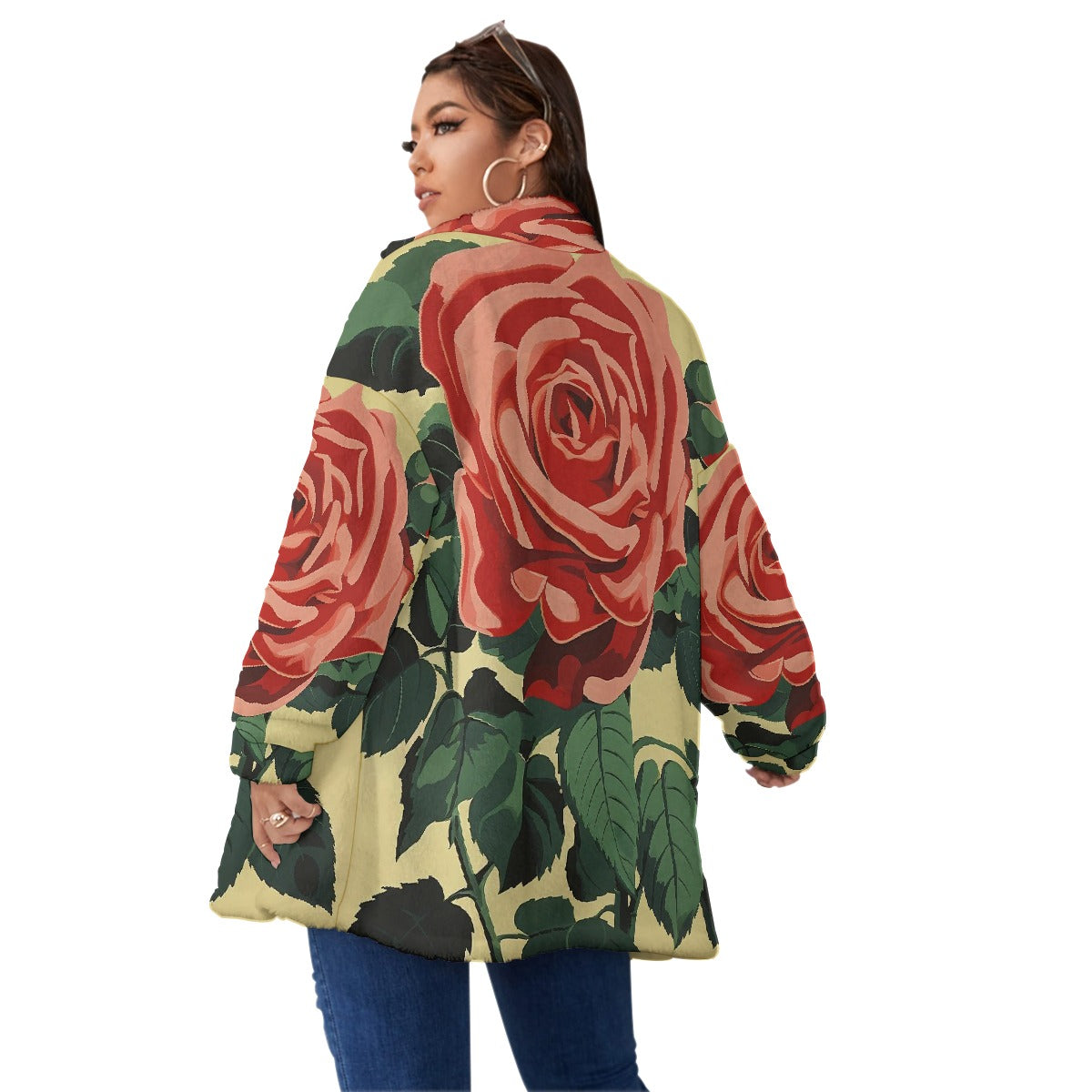 All-Over Print Unisex Borg Fleece Stand-up Collar Coat With Zipper Closure(Plus Size)