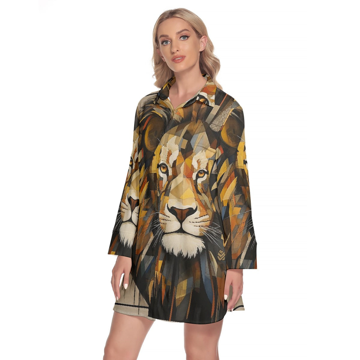 All-Over Print Women's Lapel Shirt Dress With Long Sleeve