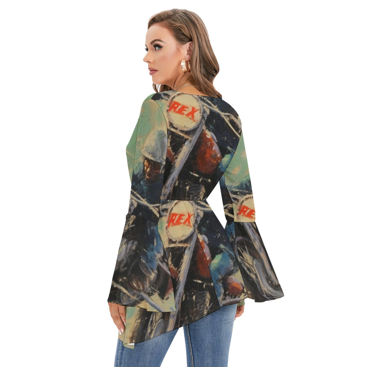 All-Over Print Women's V-neck Blouse With Flared Sleeves