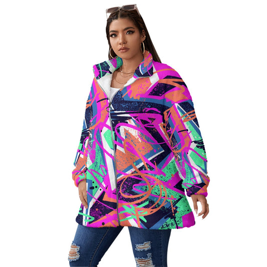 All-Over Print Unisex Borg Fleece Stand-up Collar Coat With Zipper Closure(Plus Size)