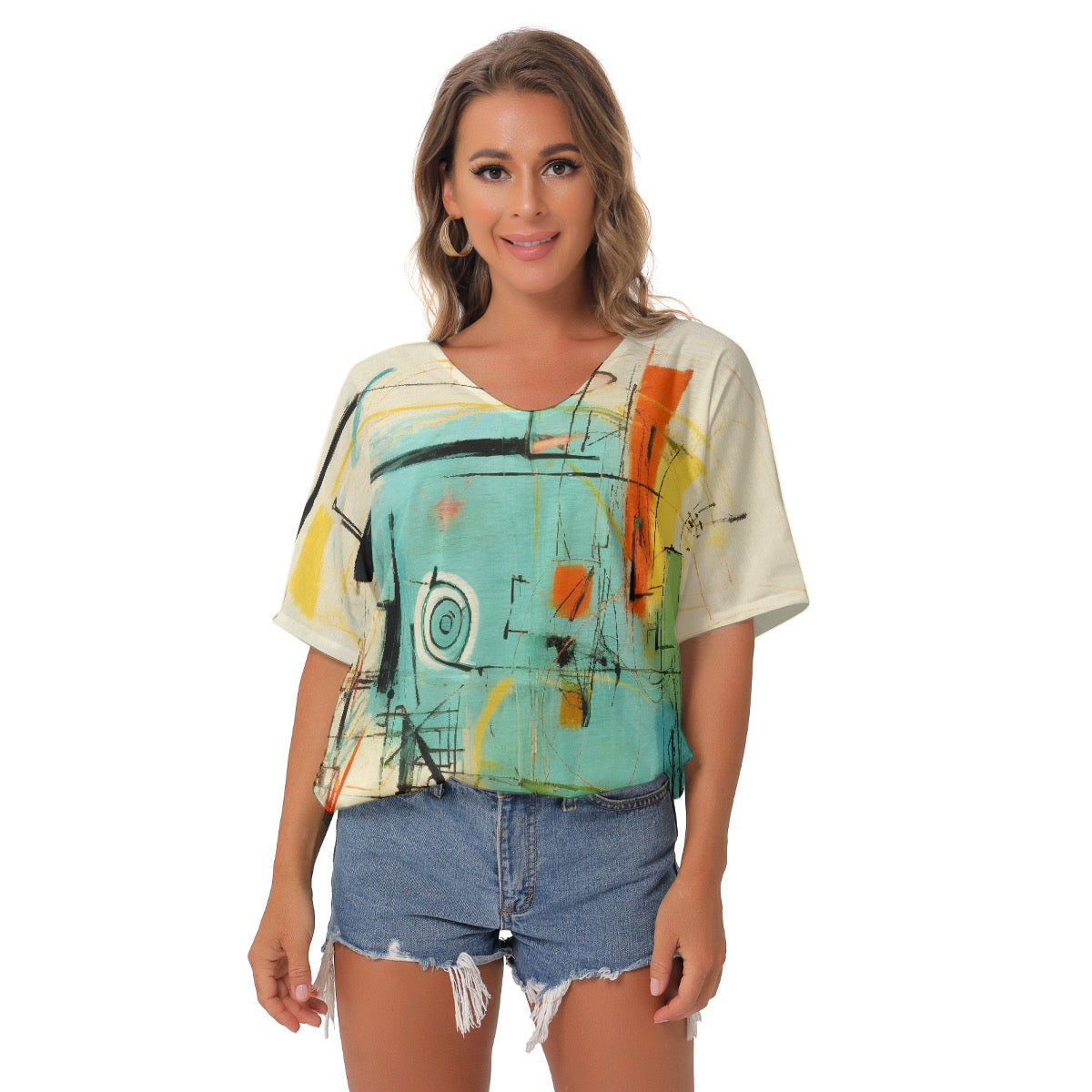 All-Over Print Women's Bat Sleeves V-Neck Blouse