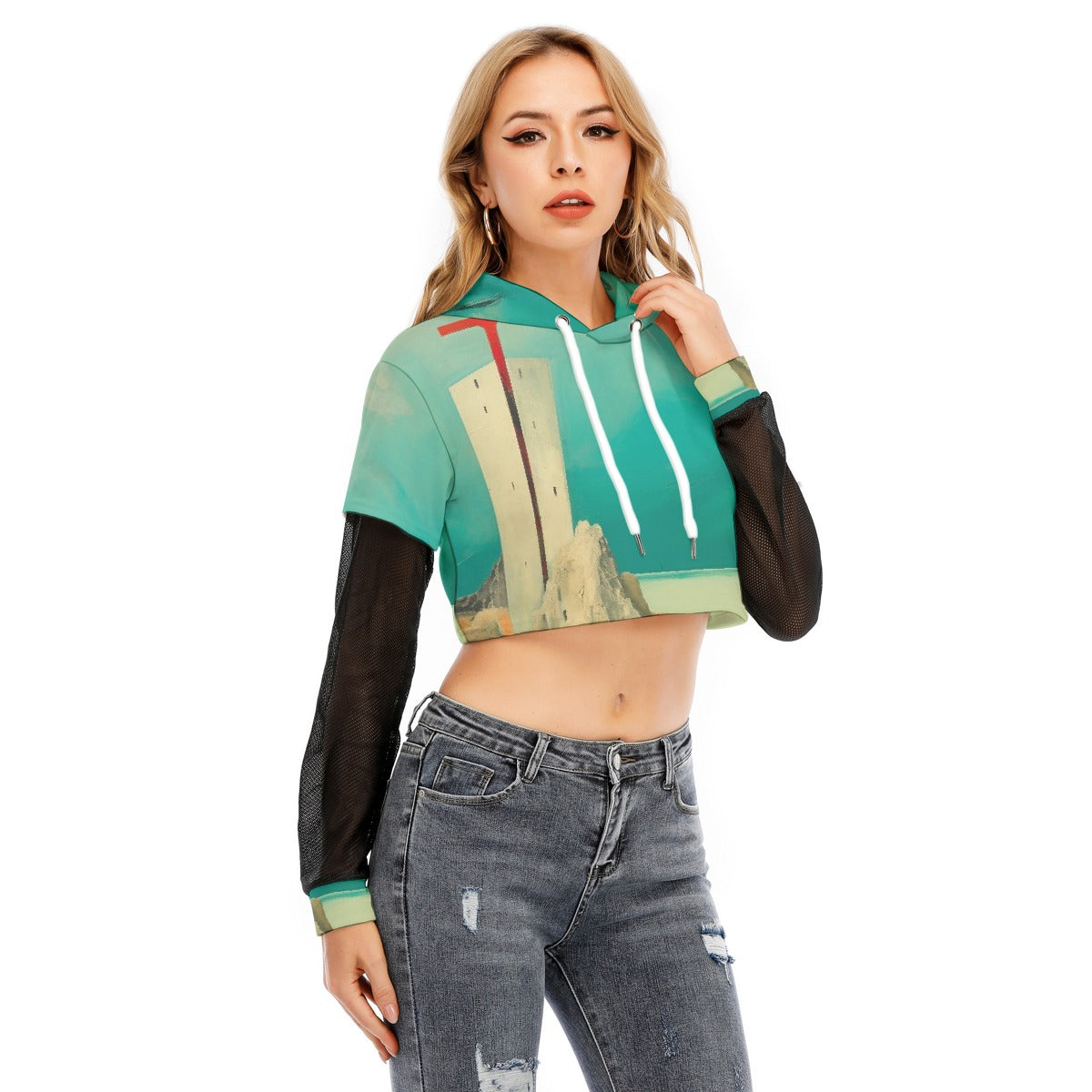 All-Over Print Women's Fake Two-piece Mesh Sleeve Cropped Hoodie