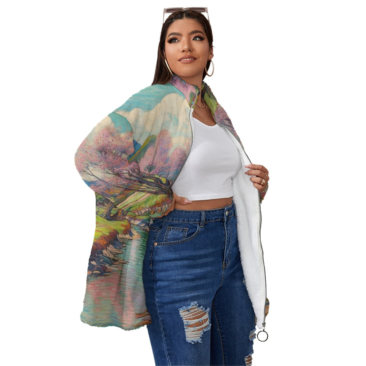 All-Over Print Unisex Borg Fleece Stand-up Collar Coat With Zipper Closure(Plus Size)