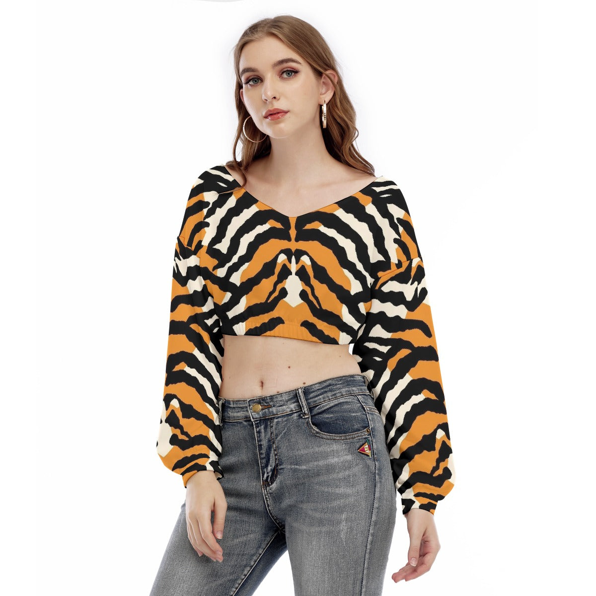 All-Over Print Women's V-neck Long Sleeve Cropped Sweatshirt