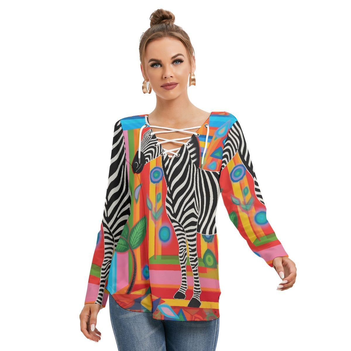 All-Over Print Women's Long Sleeve Neckline Tie Sweatshirt