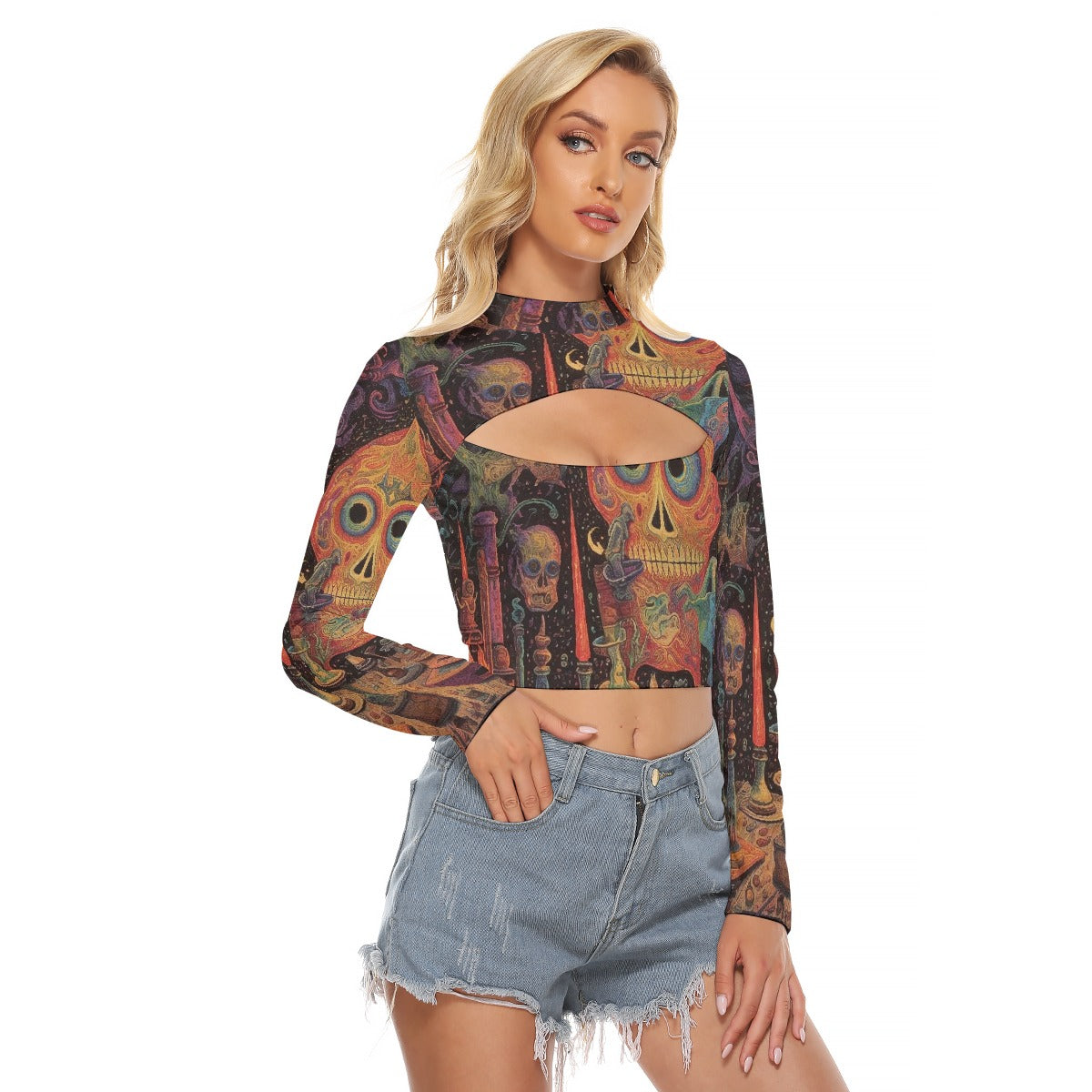 All-Over Print Women's Hollow Chest Keyhole Tight Crop Top