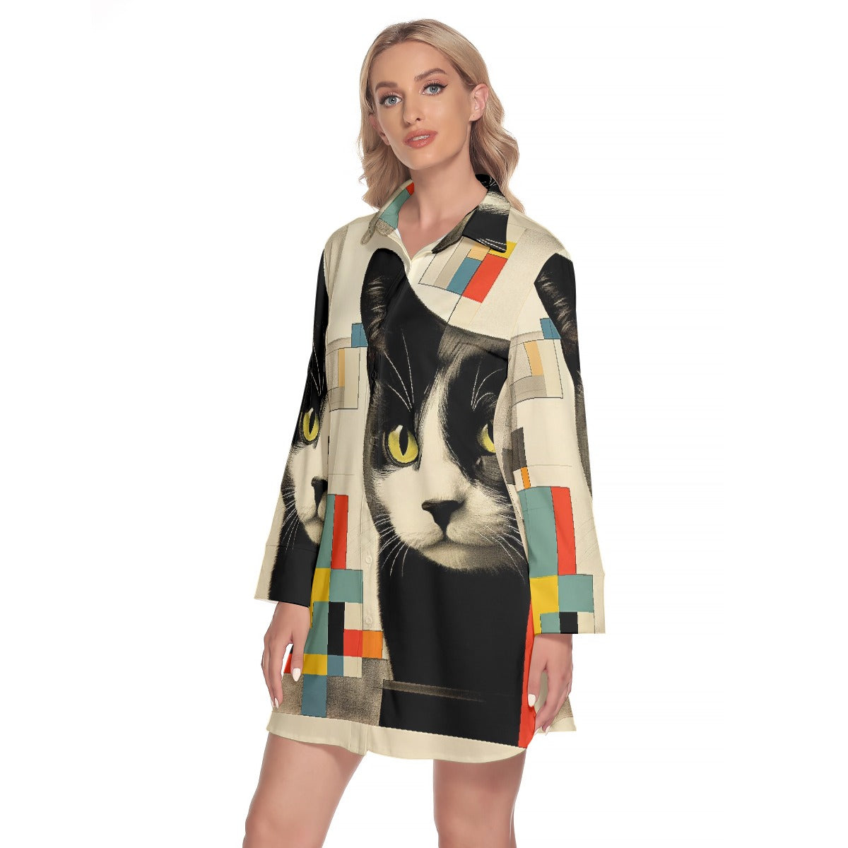 All-Over Print Women's Lapel Shirt Dress With Long Sleeve