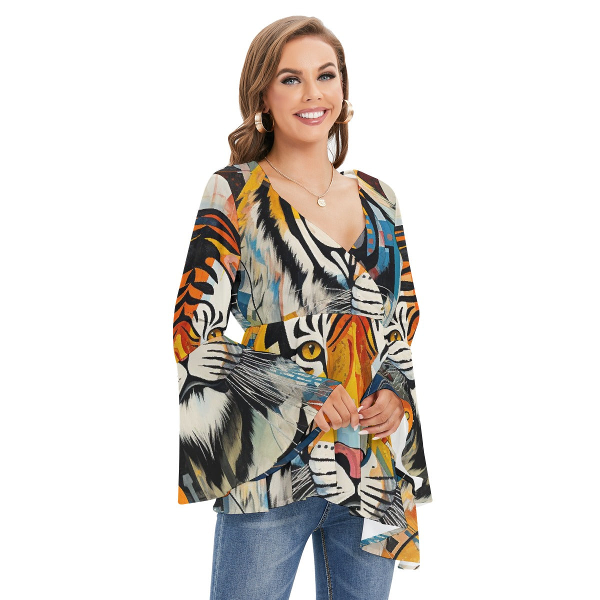 All-Over Print Women's V-neck Blouse With Flared Sleeves