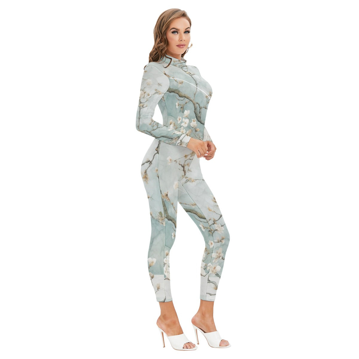 All-Over Print Women's Long-sleeved High-neck Jumpsuit With Zipper