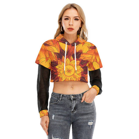 All-Over Print Women's Fake Two-piece Mesh Sleeve Cropped Hoodie