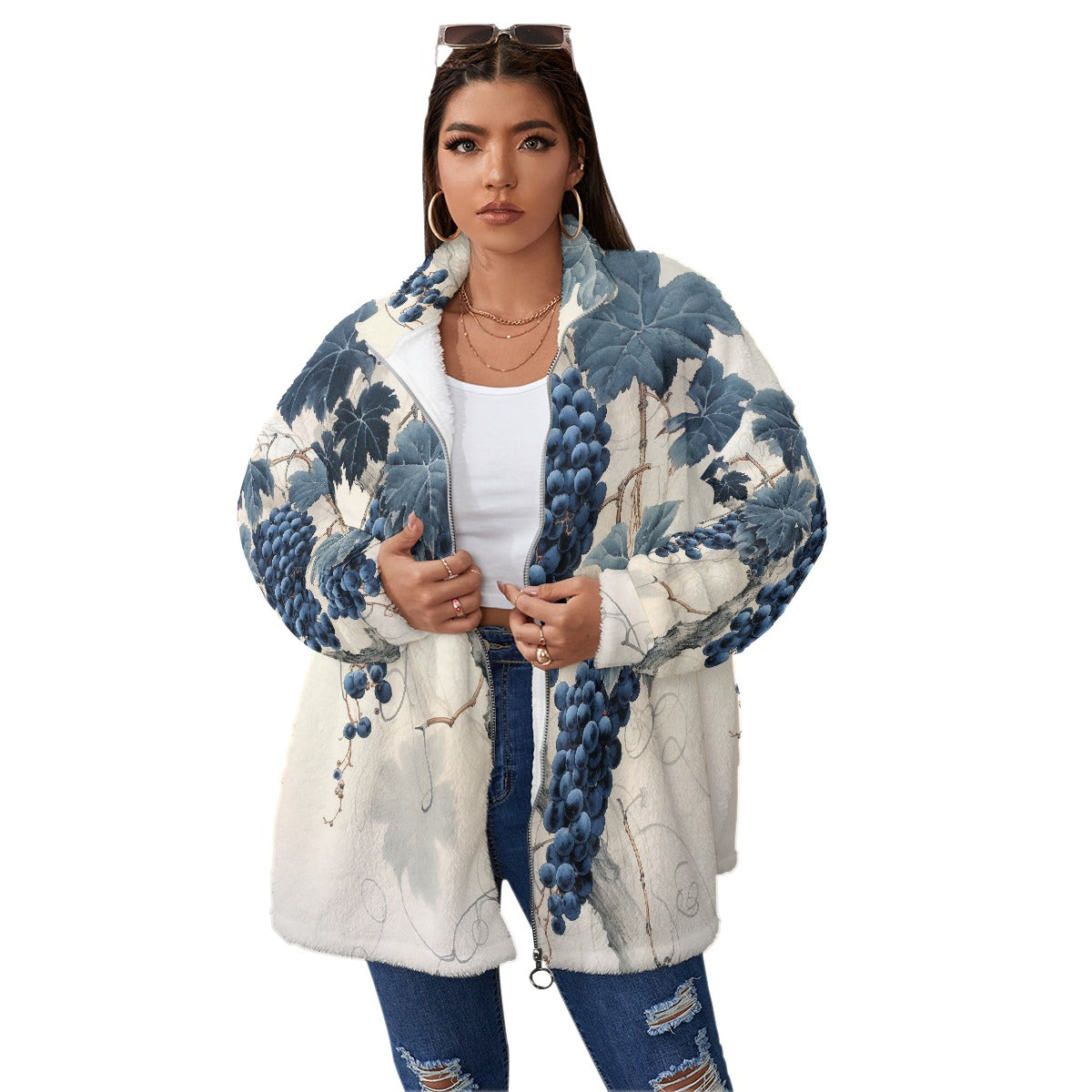 All-Over Print Unisex Borg Fleece Stand-up Collar Coat With Zipper Closure(Plus Size)