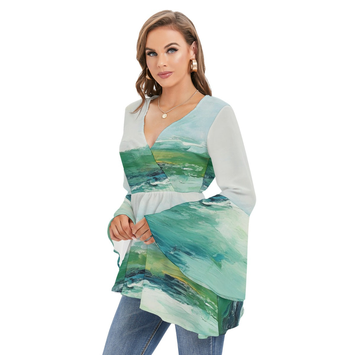 All-Over Print Women's V-neck Blouse With Flared Sleeves