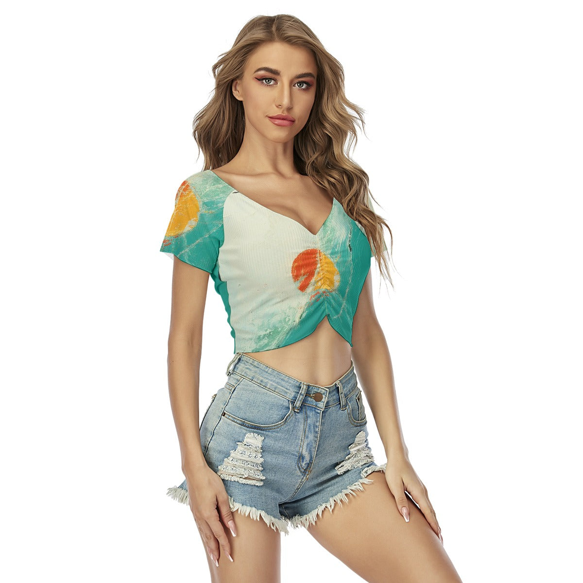 All-Over Print Women's Raglan Drawstring Front  Crop Tee