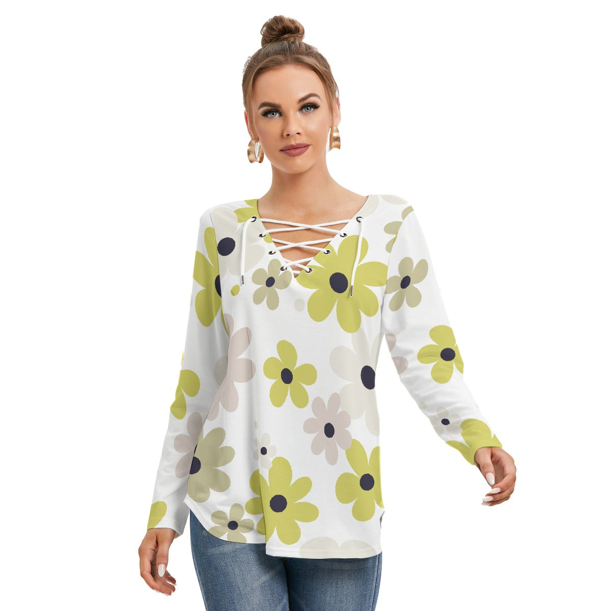 All-Over Print Women's Long Sleeve Neckline Tie Sweatshirt