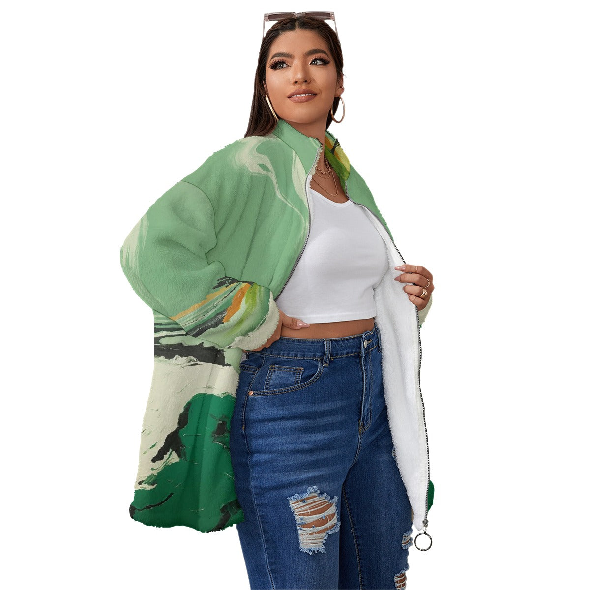 All-Over Print Unisex Borg Fleece Stand-up Collar Coat With Zipper Closure(Plus Size)