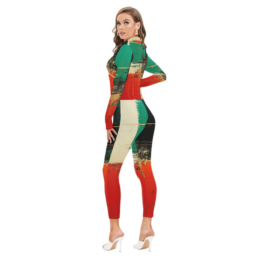 All-Over Print Women's Long-sleeved High-neck Jumpsuit With Zipper